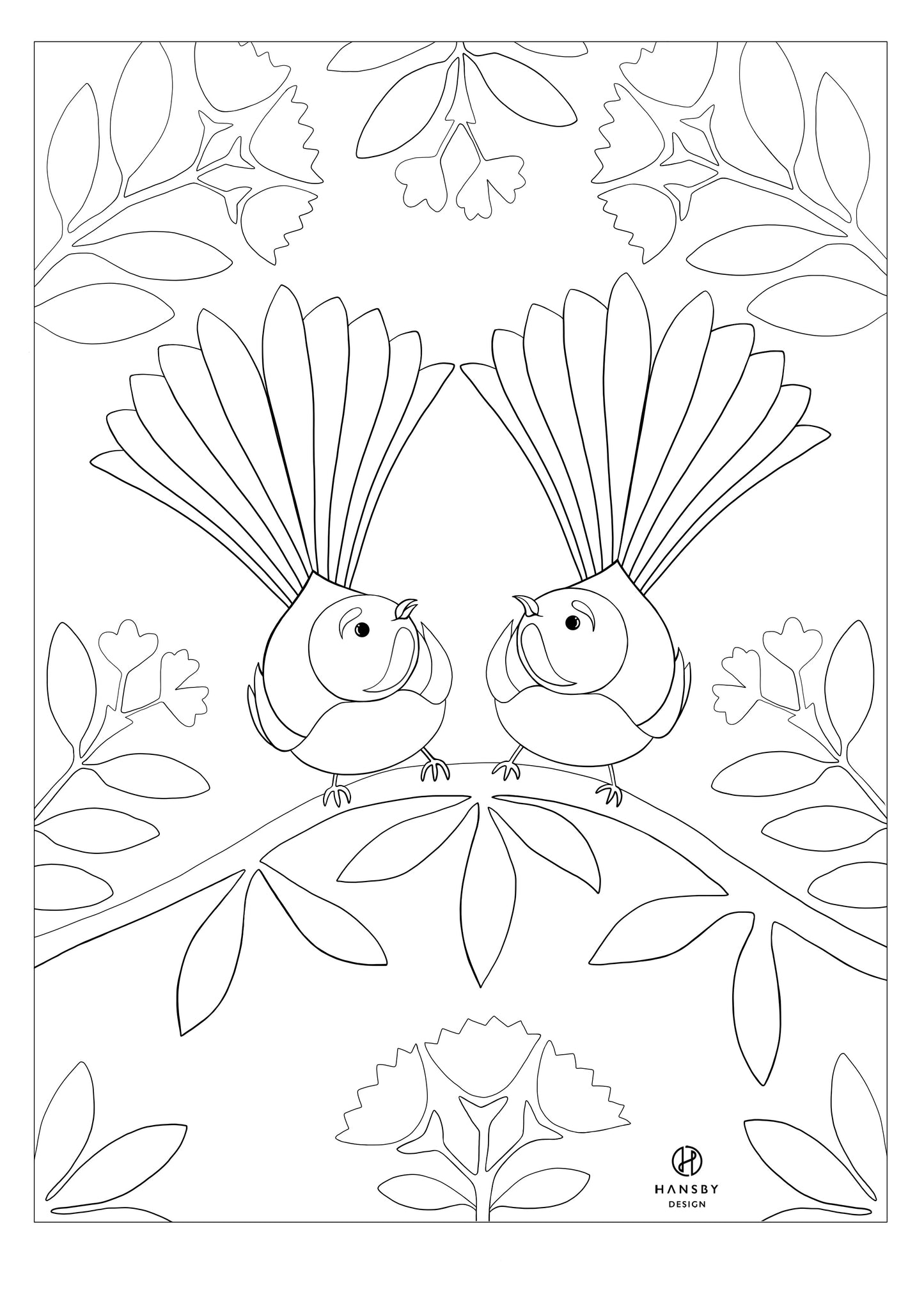 Fantail Colouring printable art print by New Zealand artist Hansby Design