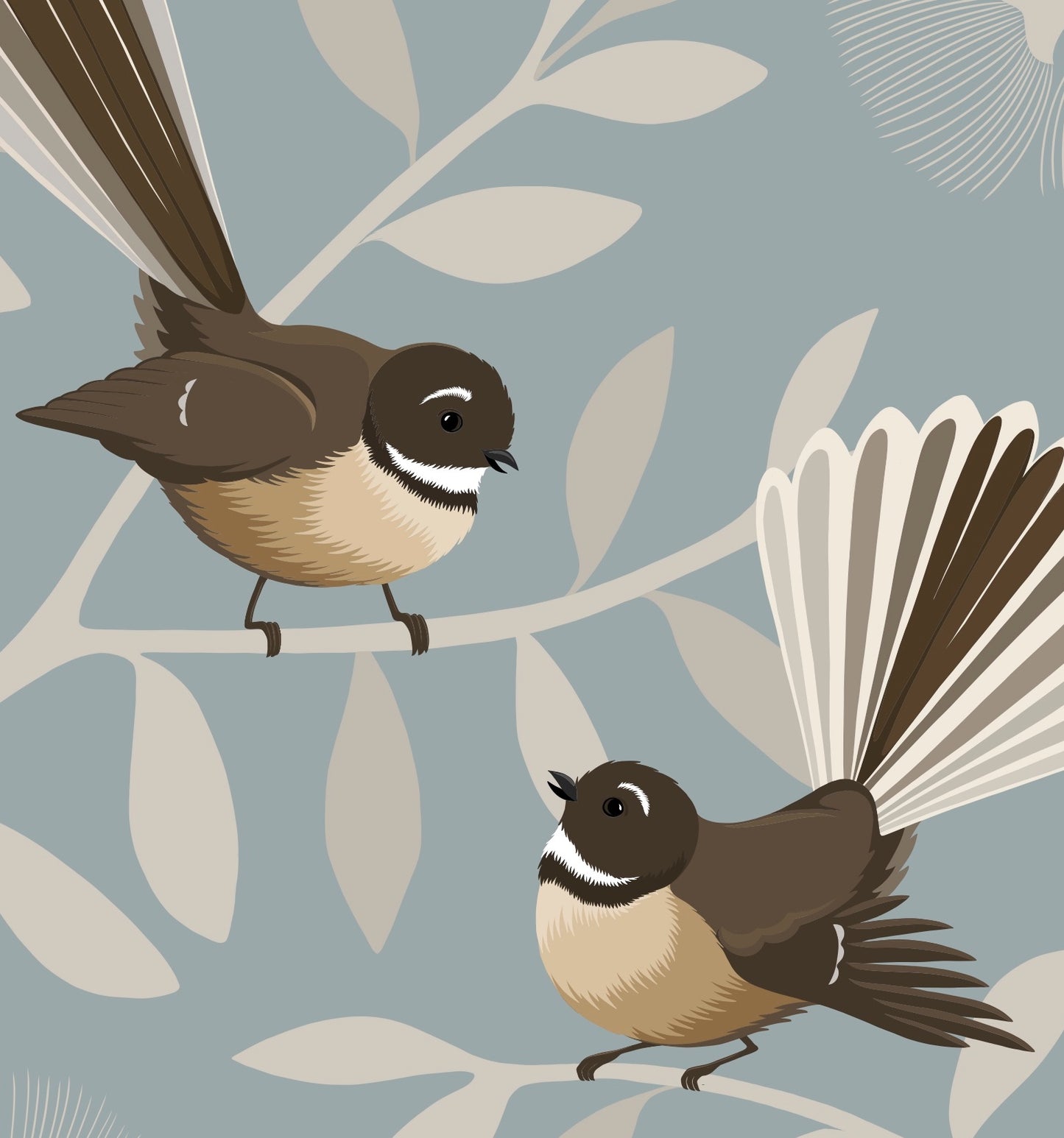 Closeup image of the Fantail Pair / Pīwakawaka art print, by NZ artist Hansby Design