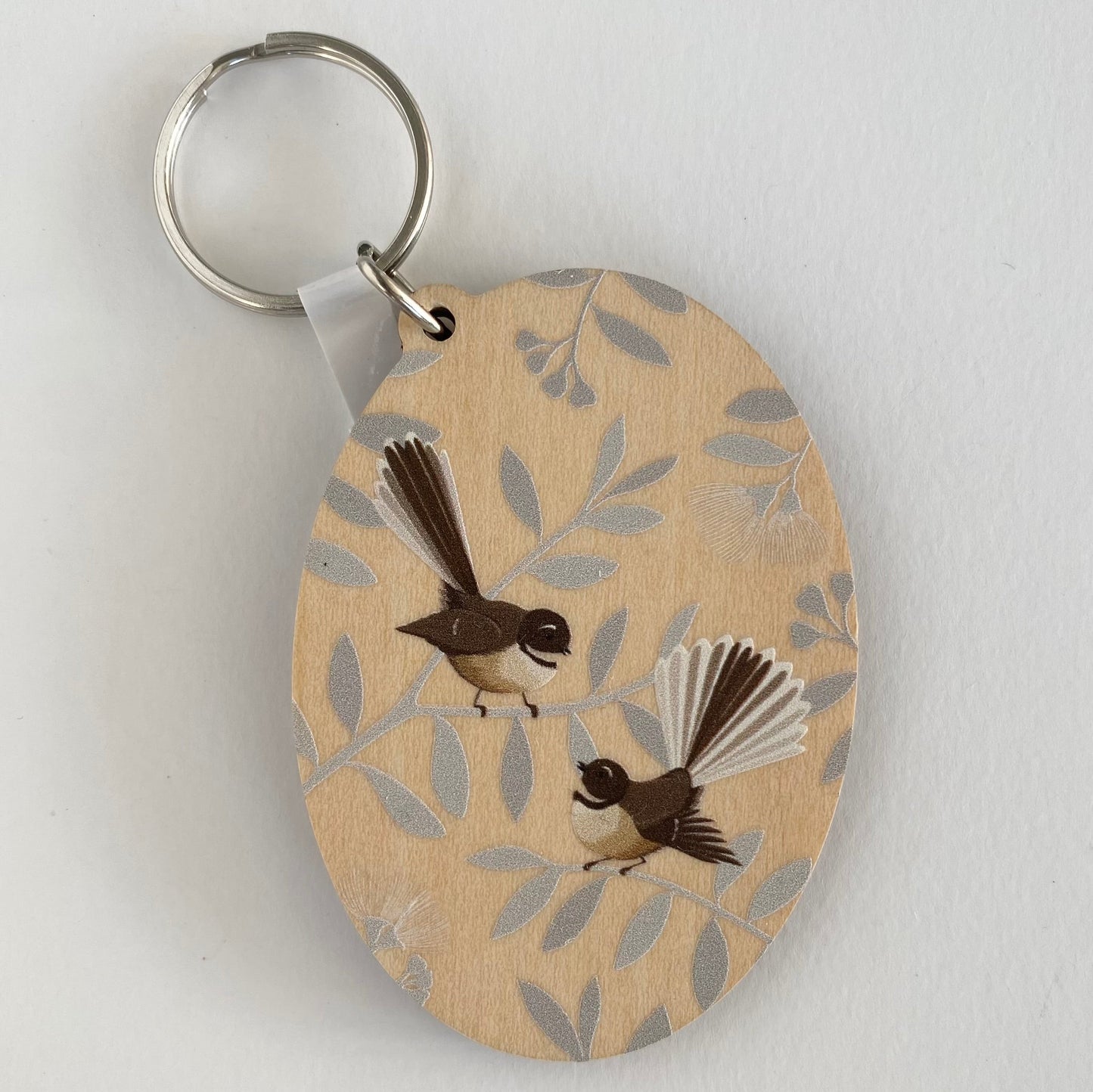 Fantail pair Wood Keytag art print by New Zealand artist Hansby Design