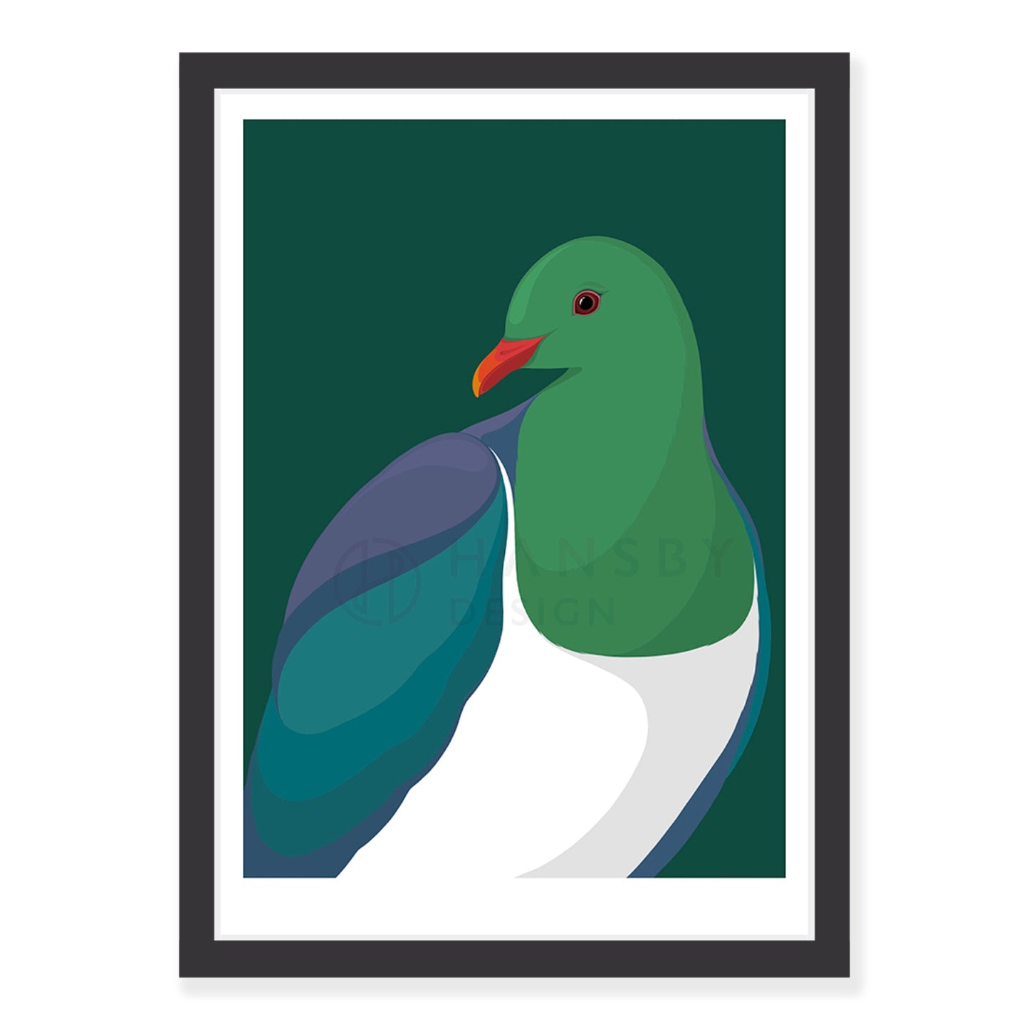 Kereru Jewel art print in black frame, by NZ artist Hansby Design