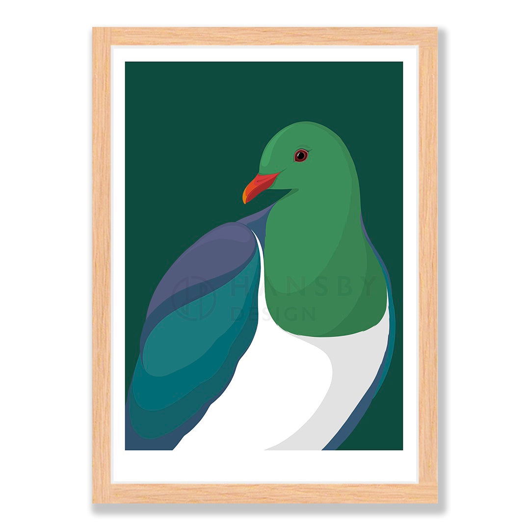 Kereru Jewel art print in natural frame, by NZ artist Hansby Design