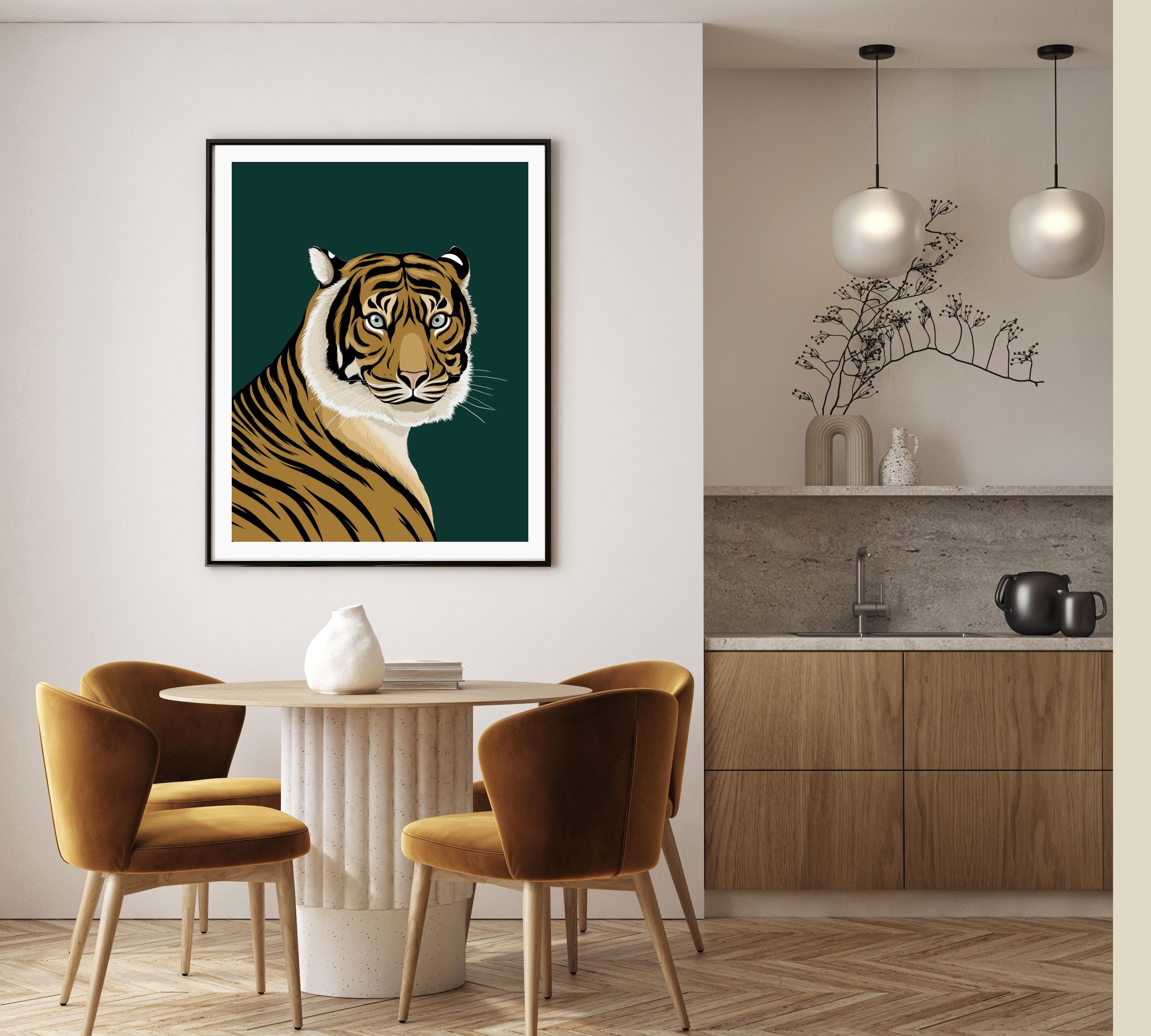 Framed tiger art print by NZ artist Hansby Design