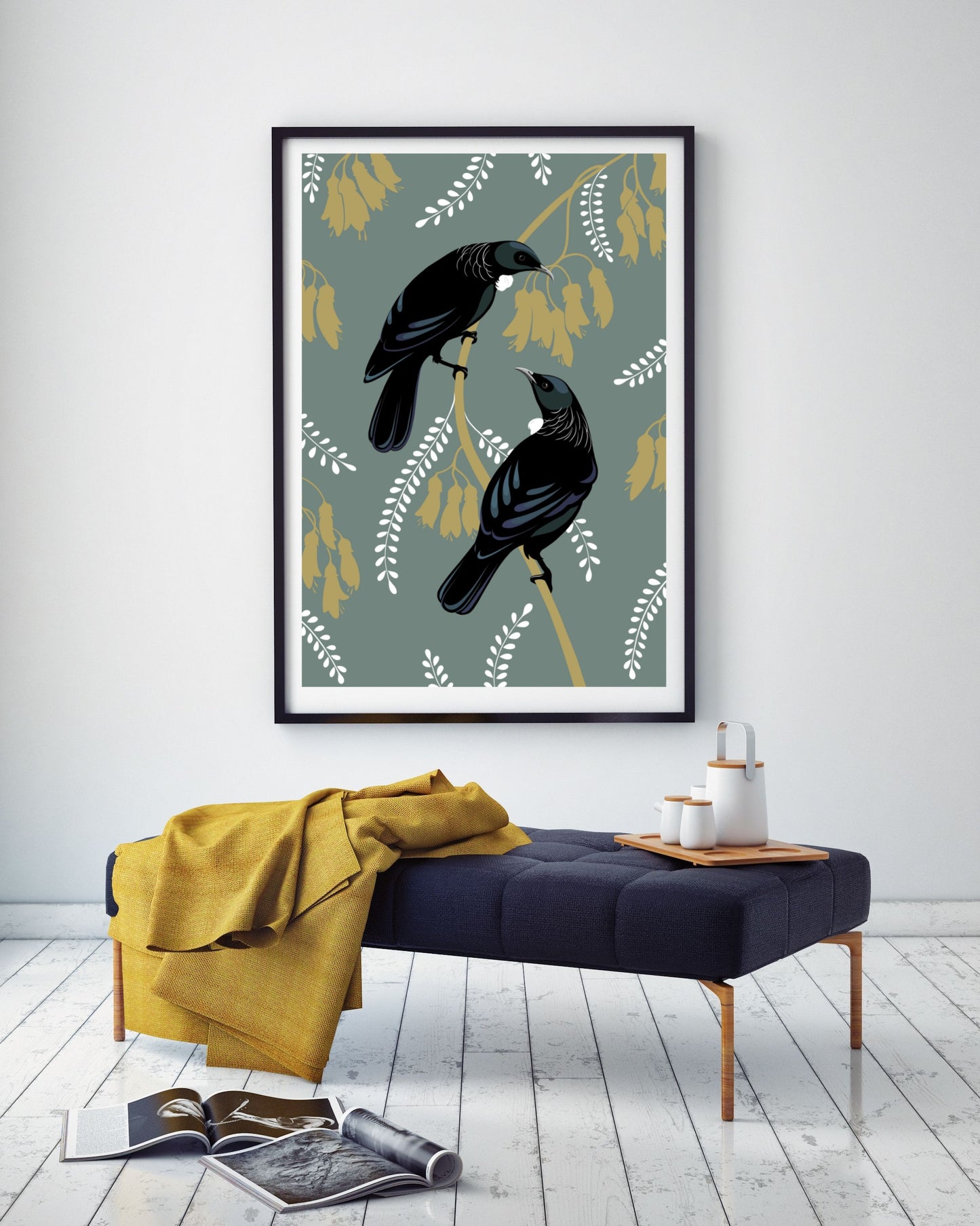 Tui art print by New Zealand artist Hansby Design, styled in living room
