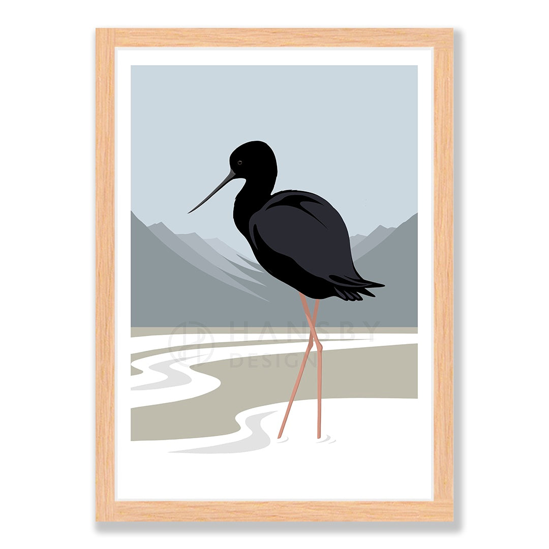 Black Stilt art print in natural frame, by NZ artist Hansby Design