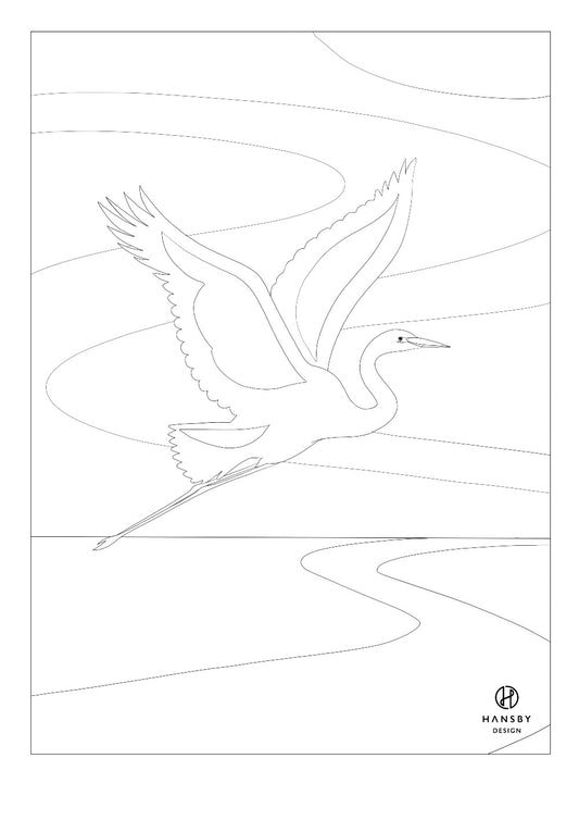 Colouring in page of the White Heron, by New Zealand artist Hansby Design