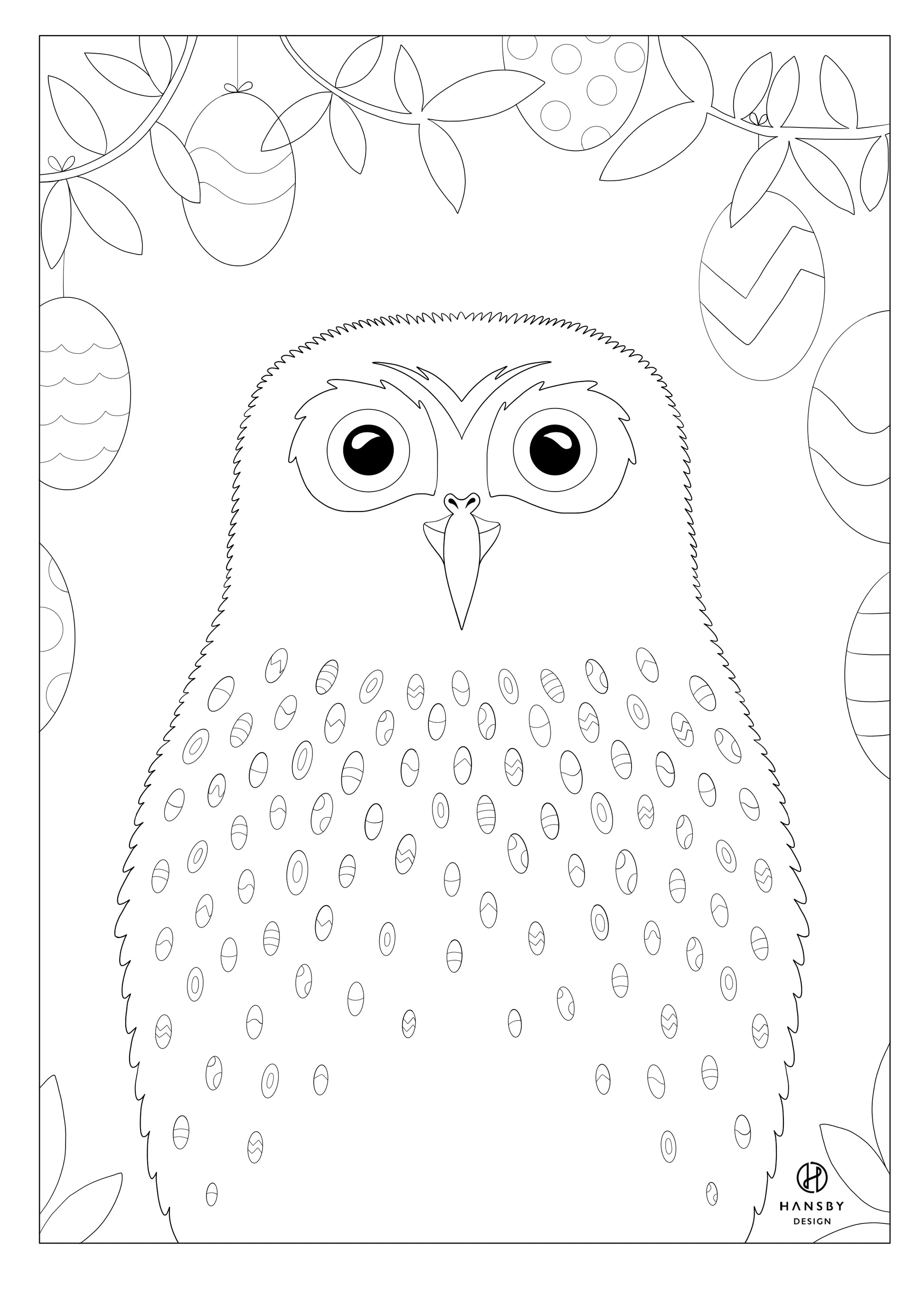 Colouring page of the Morepork owl, by Hansby Design New Zealand