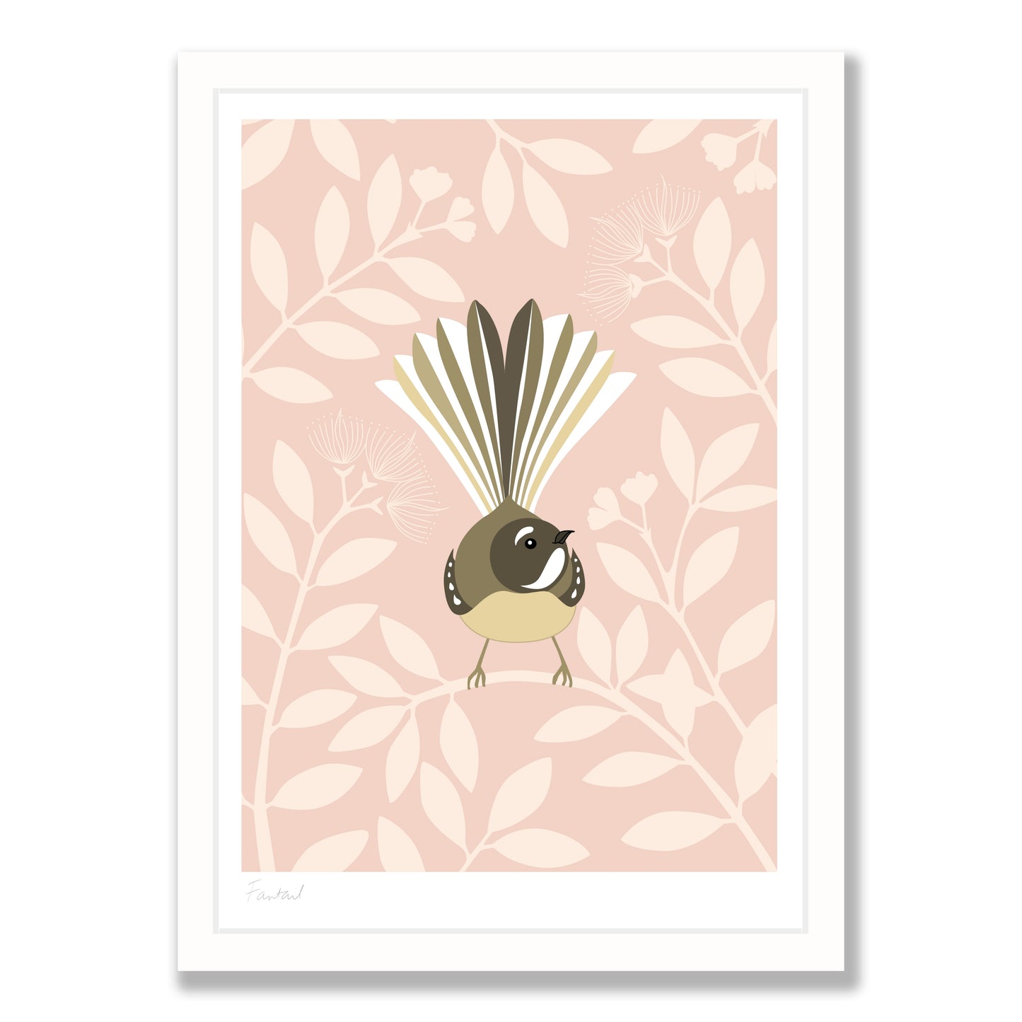 Fantail Blush art print in white frame, by NZ artist Hansby Design