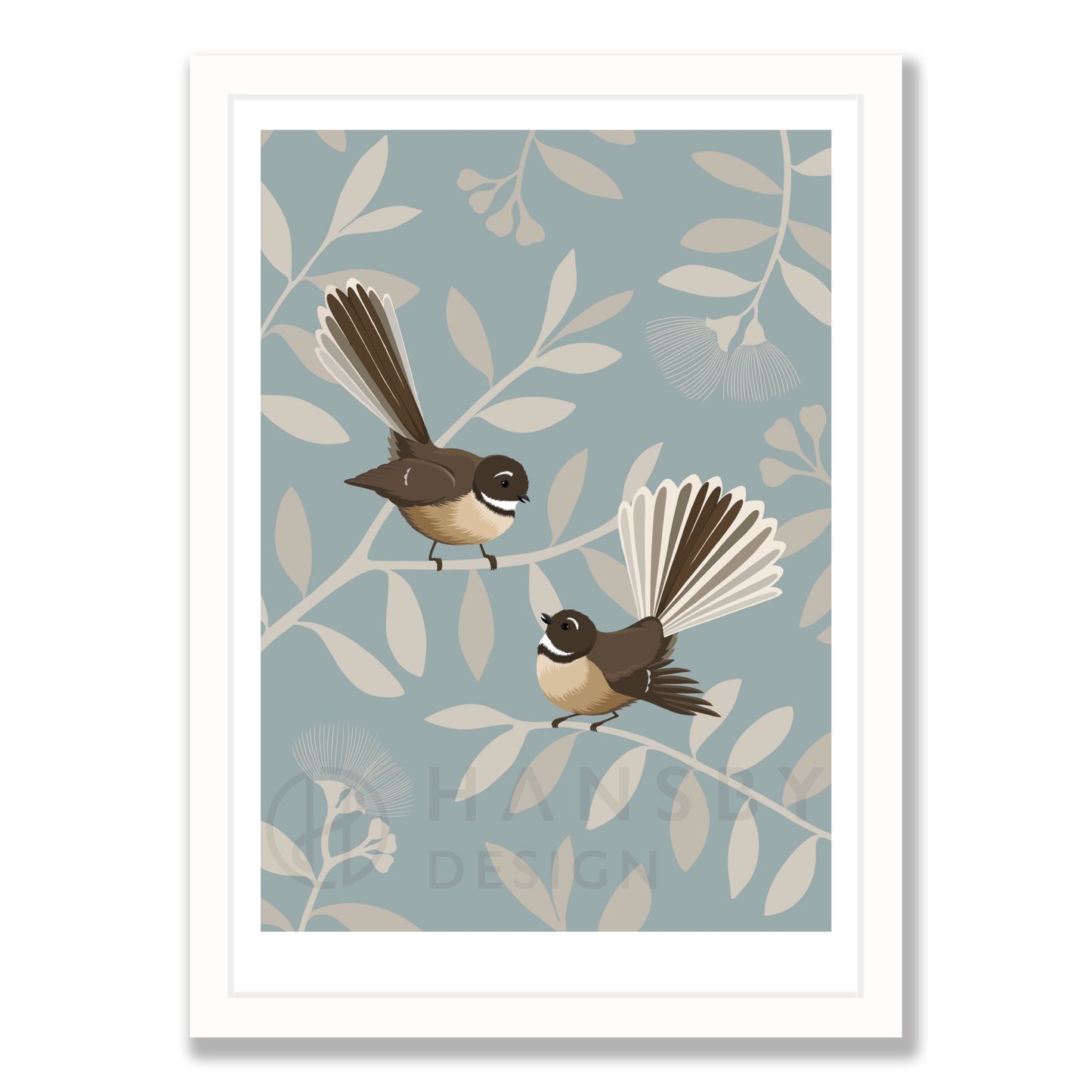 Fantail Pair / Pīwakawaka art print in white frame, by NZ artist Hansby Design