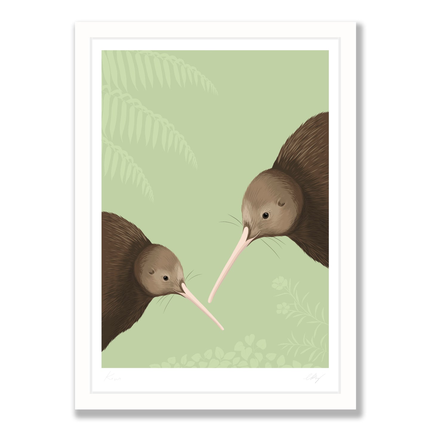Kiwi pair art print in white frame, by NZ artist Hansby Design