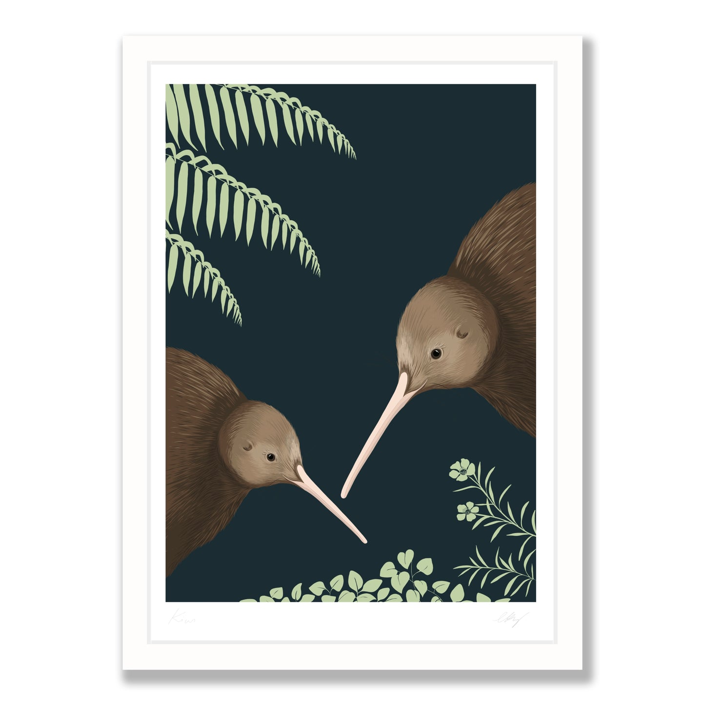Kiwi pair art print in white frame, by NZ artist Hansby Design