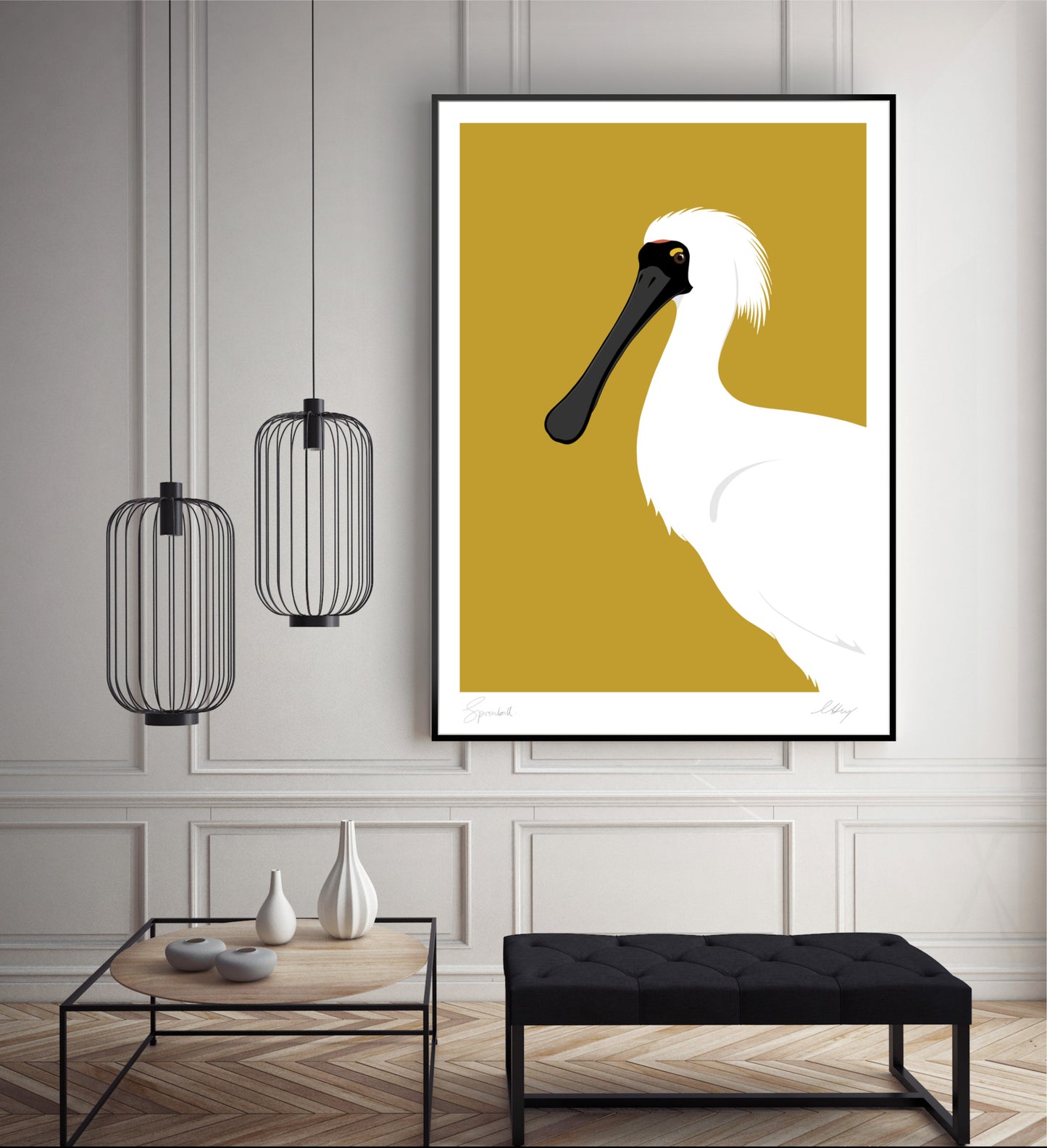 Framed art print of the Spoonbill bird of Australasia by artist Hansby Design, New Zealand