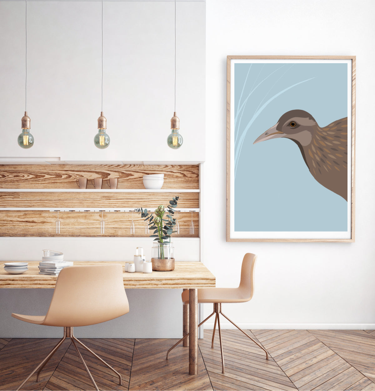 Framed art print of the Weka bird in natural frame, by Hansby Design New Zealand