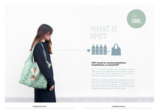 RPET recycled fabric to make reusable tote bags, by Hansby Design for New World, New Zealand.