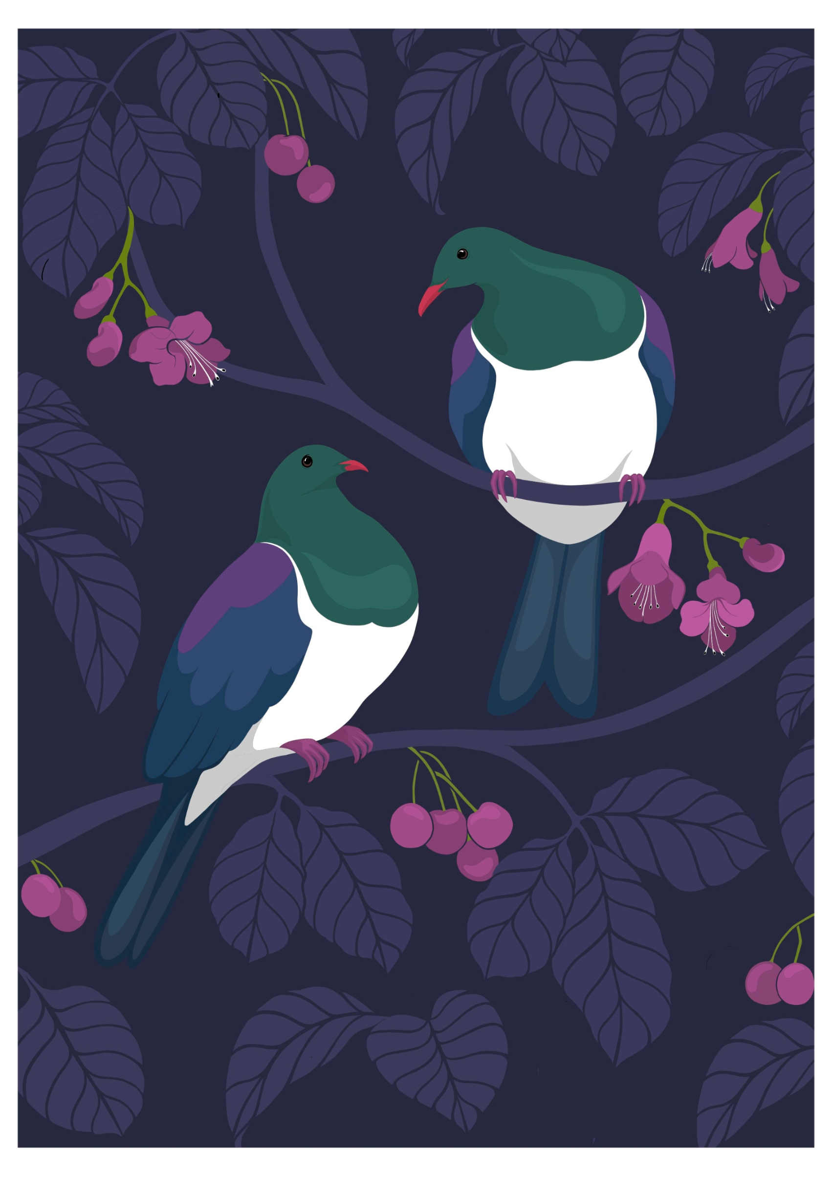 Two birds perched on branches with leaves and flowers on a dark background