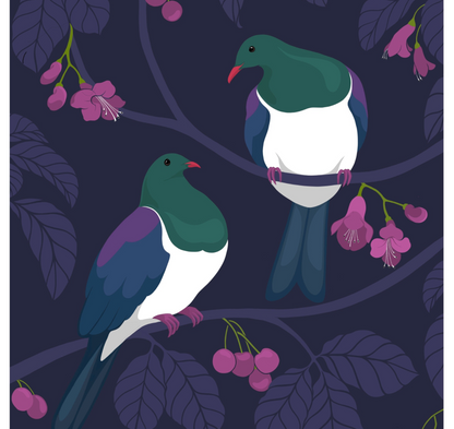 Two kererū on branches with pink flowers and leaves against a dark background.