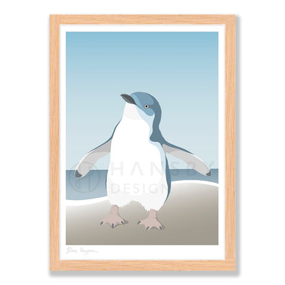 Blue Penguin art print in natural frame, by NZ artist Hansby Design
