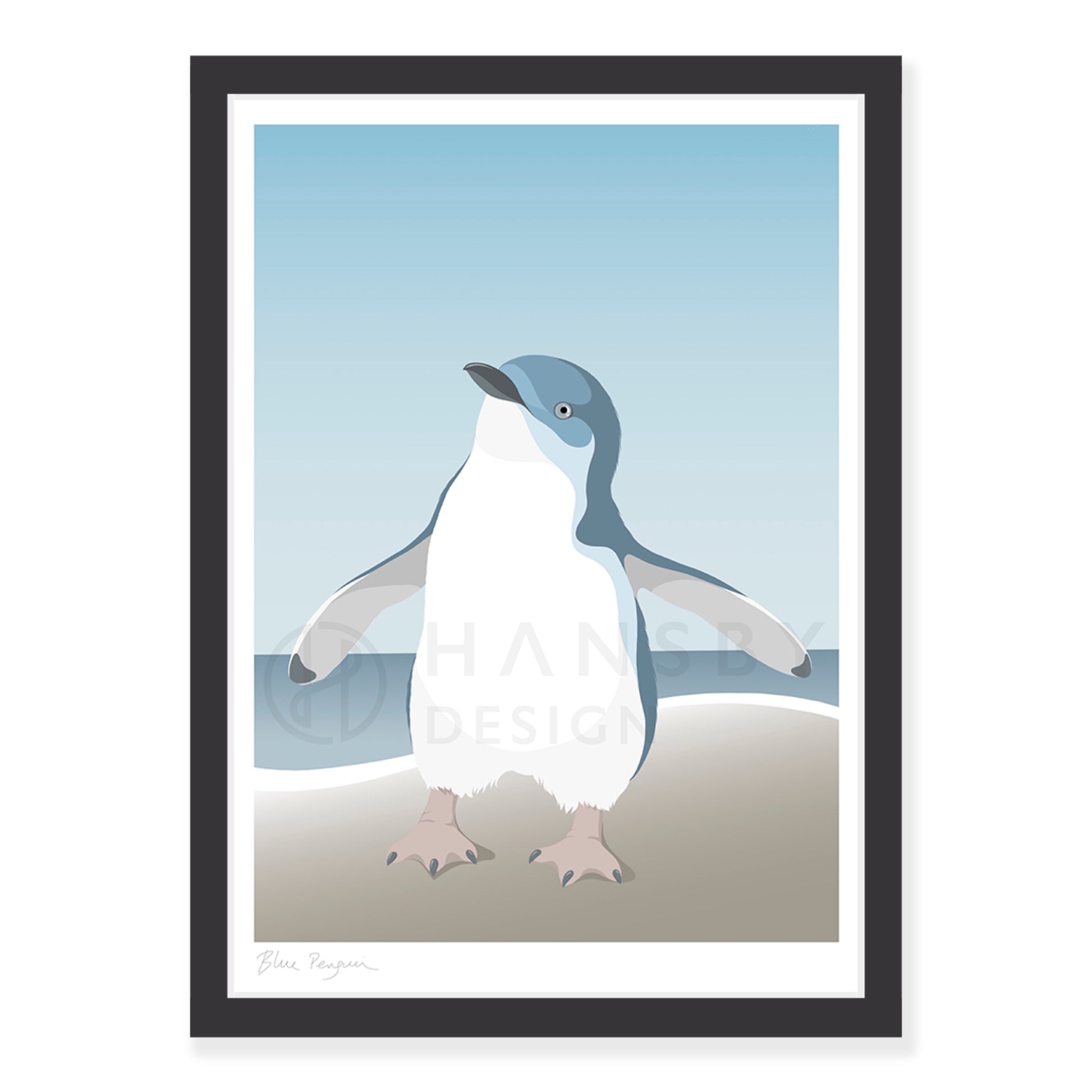 Blue Penguin art print in black frame, by NZ artist Hansby Design