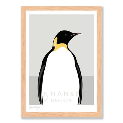 Emperor Penguin art print in natural frame, by NZ artist Hansby Design