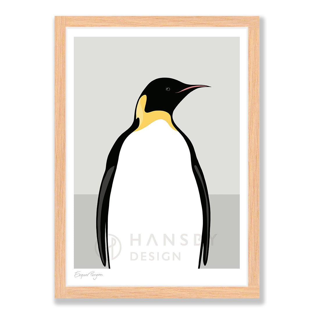 Emperor Penguin art print in natural frame, by NZ artist Hansby Design