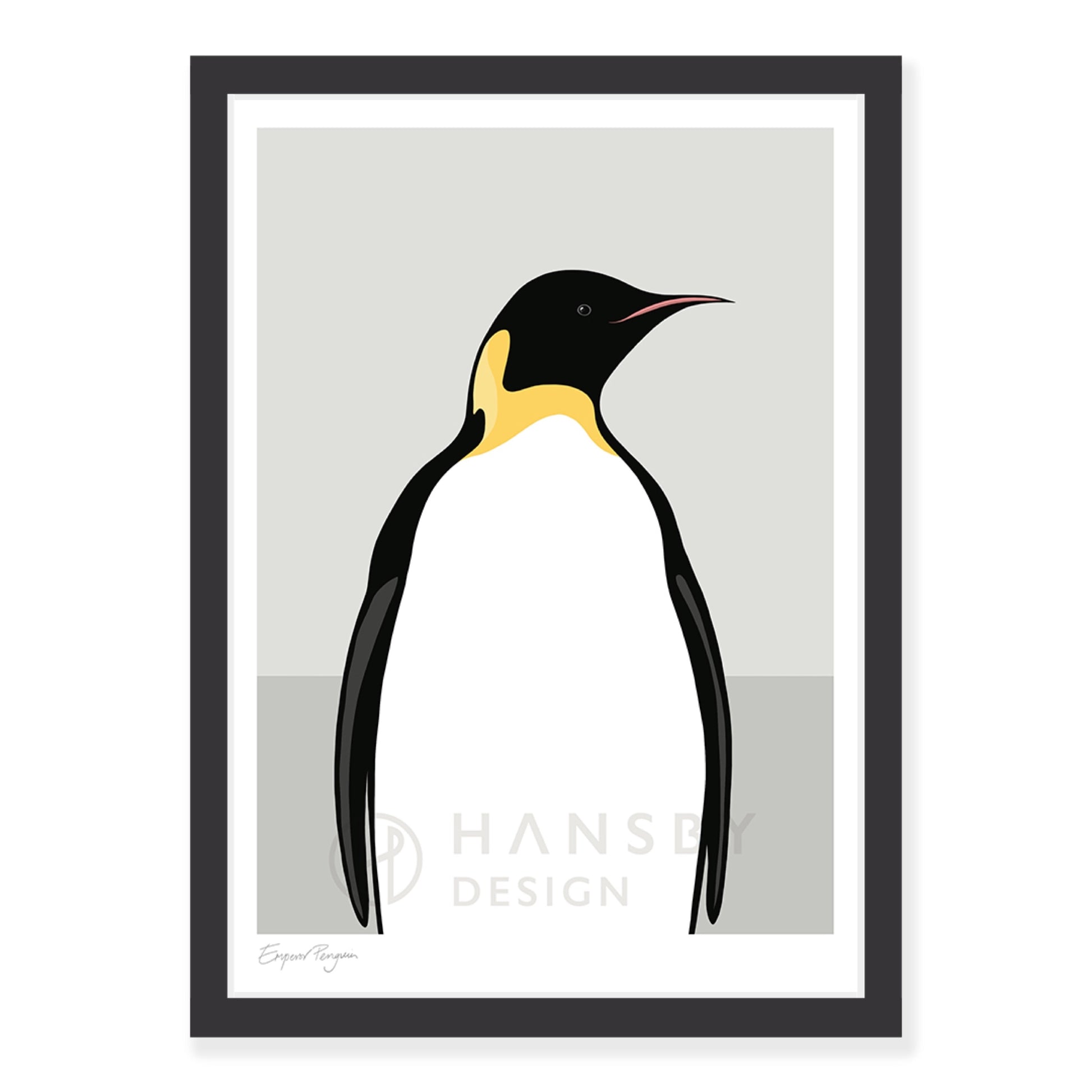 Emperor Penguin art print in black frame, by NZ artist Hansby Design