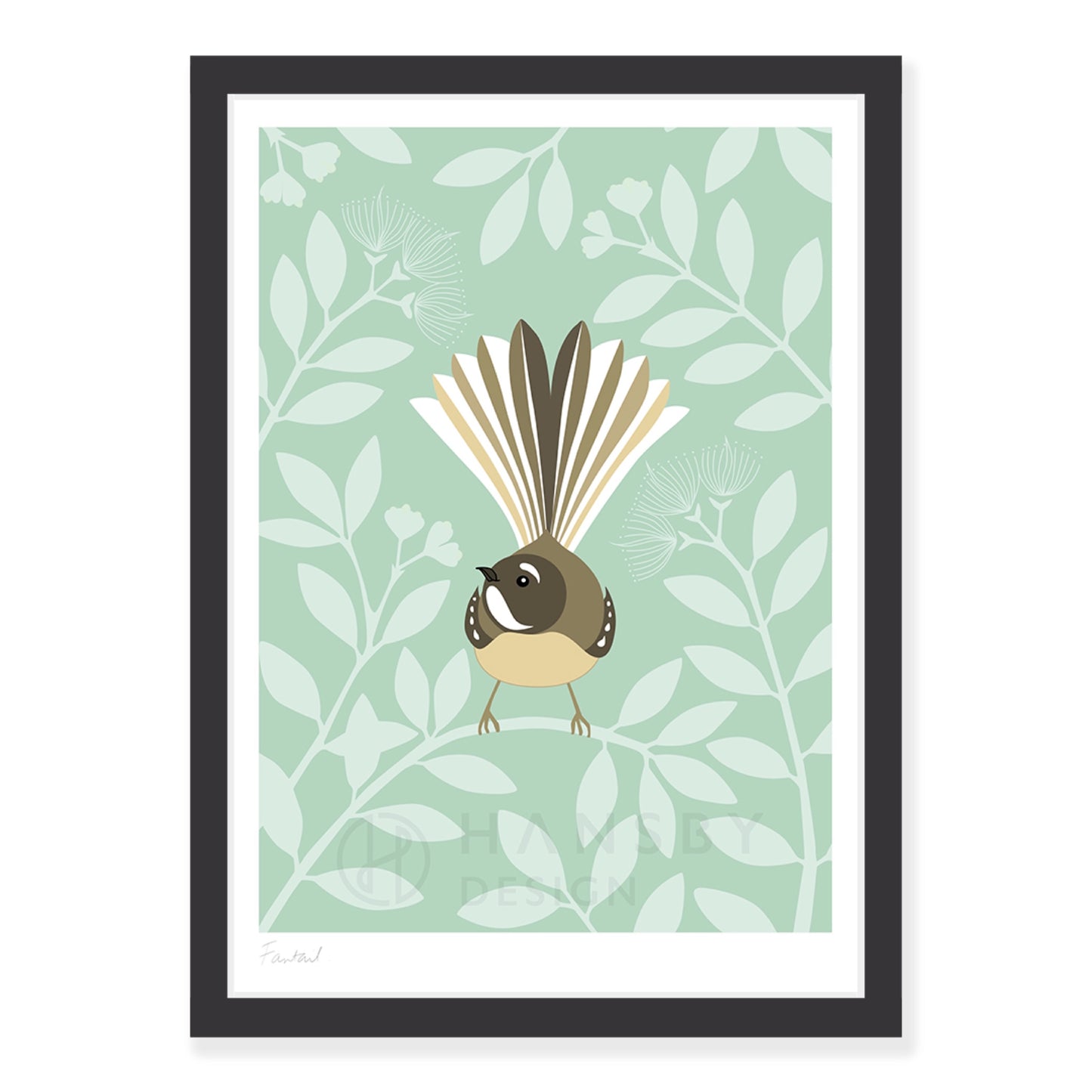 Fantail Eggshell art print in black frame, by NZ artist Hansby Design