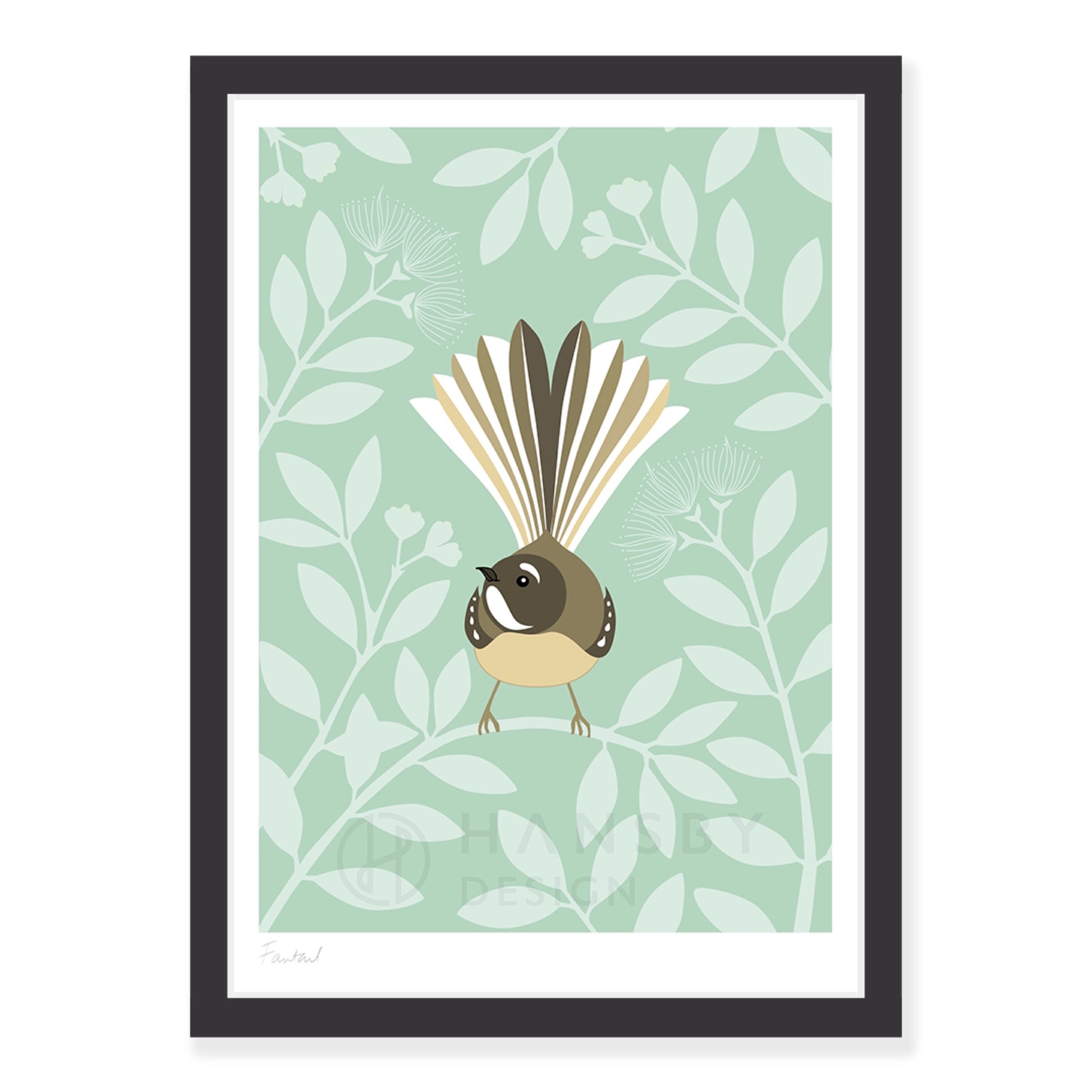 Fantail Eggshell art print in black frame, by NZ artist Hansby Design