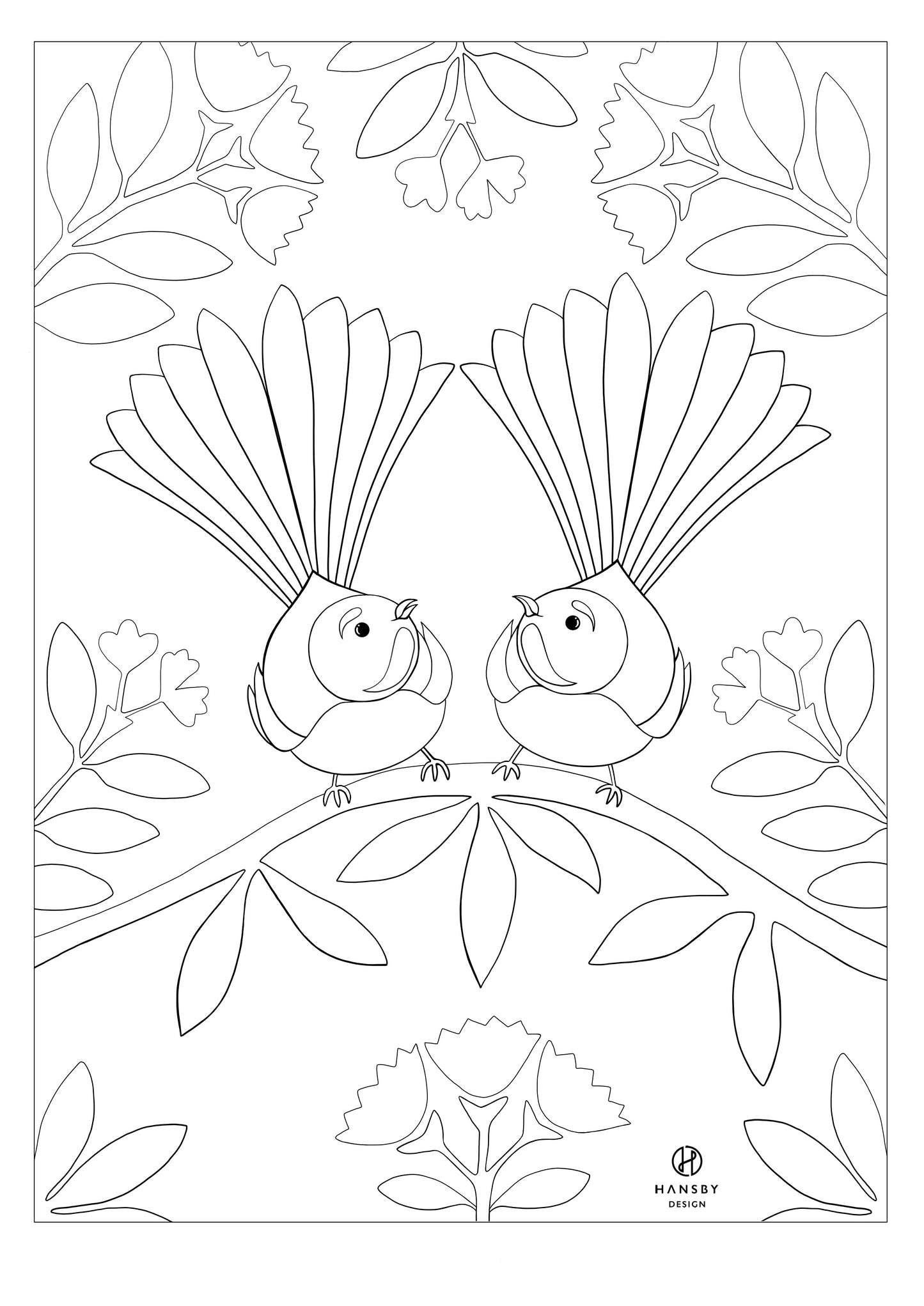 Fantail Colouring printable art print by New Zealand artist Hansby Design	