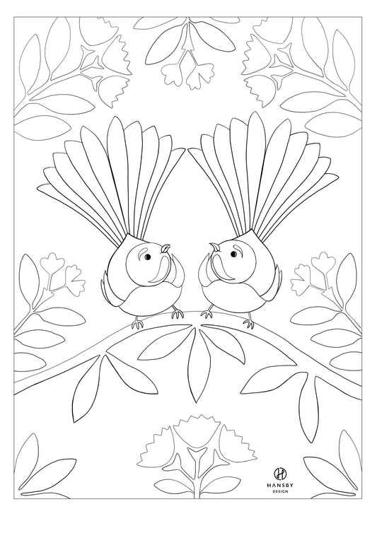 Fantail Colouring printable art print by New Zealand artist Hansby Design	