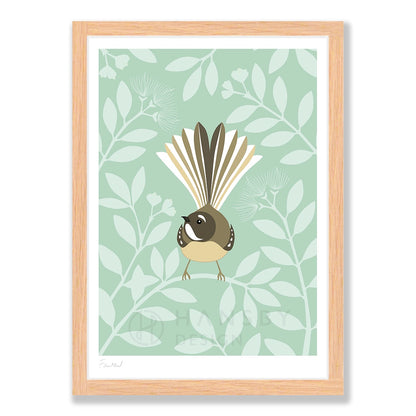 Fantail Eggshell art print in natural frame, by NZ artist Hansby Design