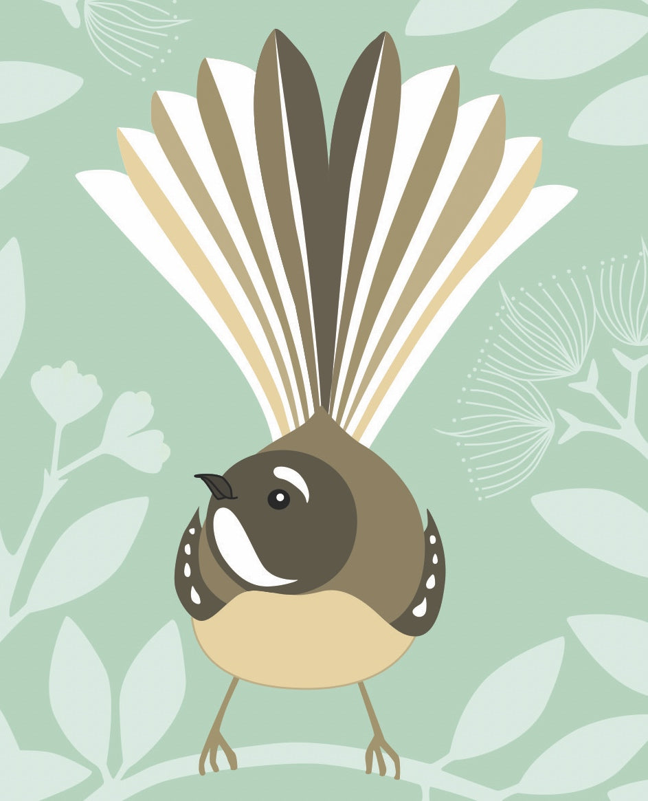 Closeup image of the Fantail Eggshell art print, by NZ artist Hansby Design