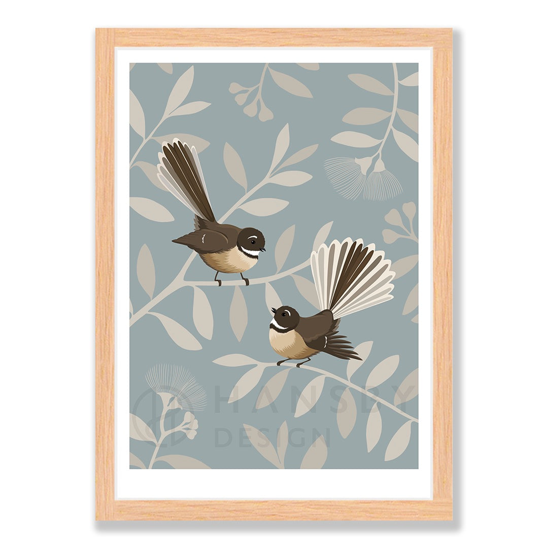 Fantail Pair / Pīwakawaka art print in natural frame, by NZ artist Hansby Design