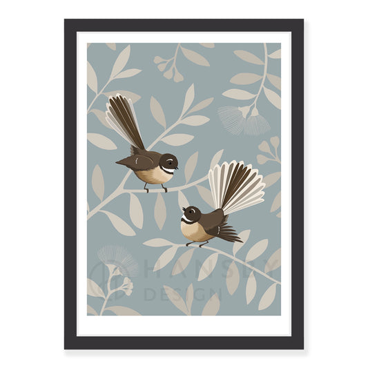 Fantail Pair / Pīwakawaka art print in black frame, by NZ artist Hansby Design