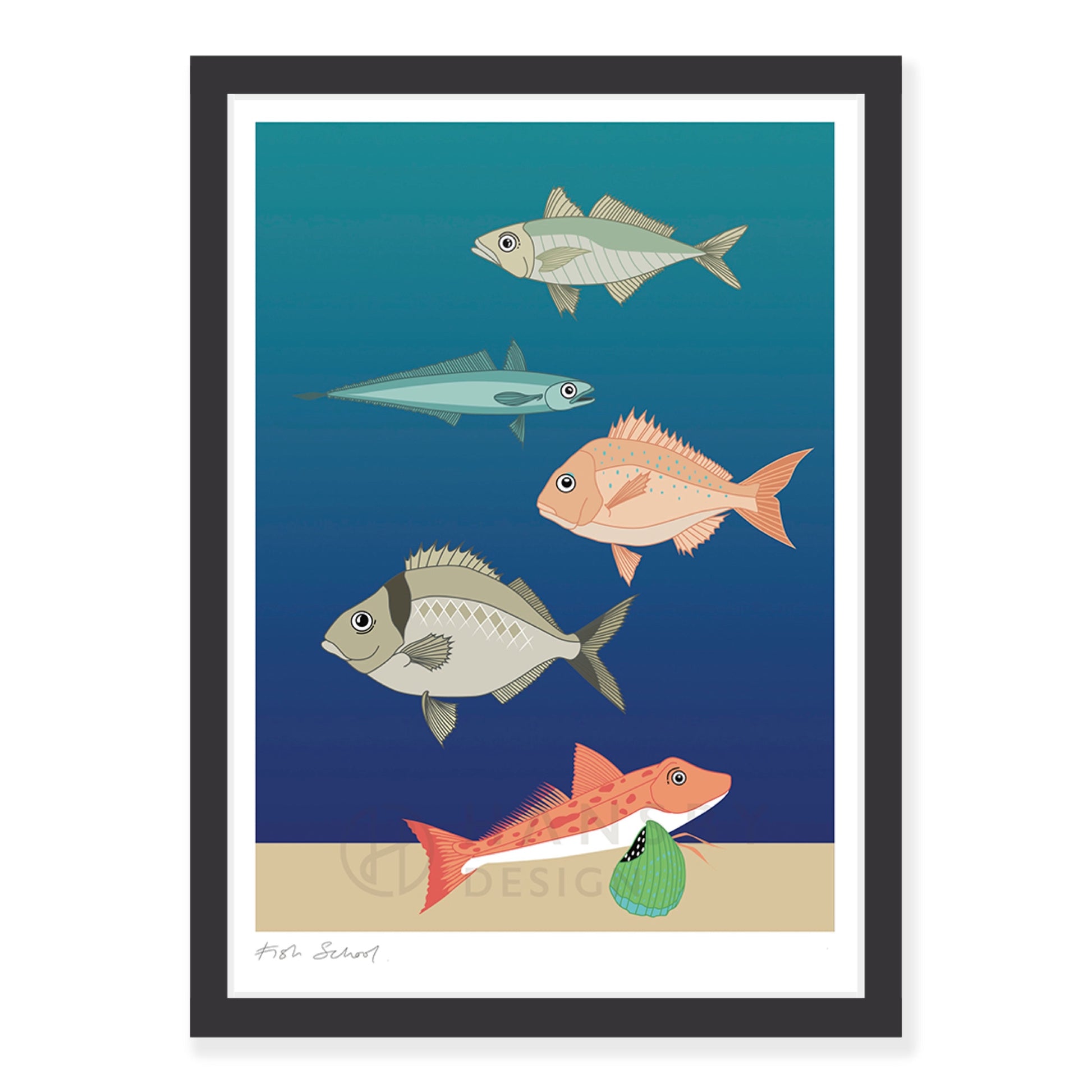 Fish School art print in black frame, by NZ artist Hansby Design