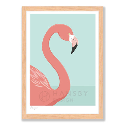 Flamingo art print in natural frame, by NZ artist Hansby Design