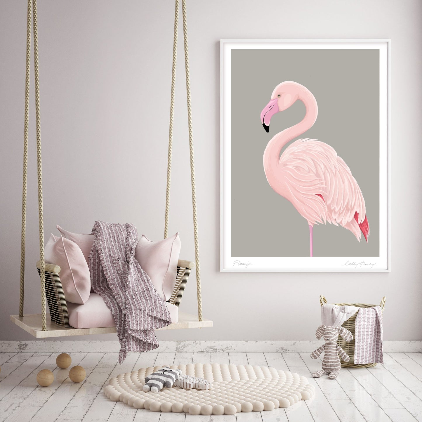 Flamingo art print in kids room by NZ artist Hansby Design
