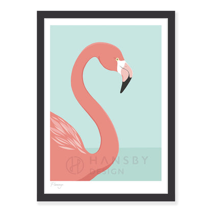 Flamingo art print in black frame, by NZ artist Hansby Design