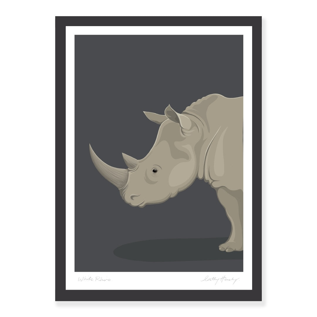 Framed art print of the White Rhino by NZ artist Hansby Design