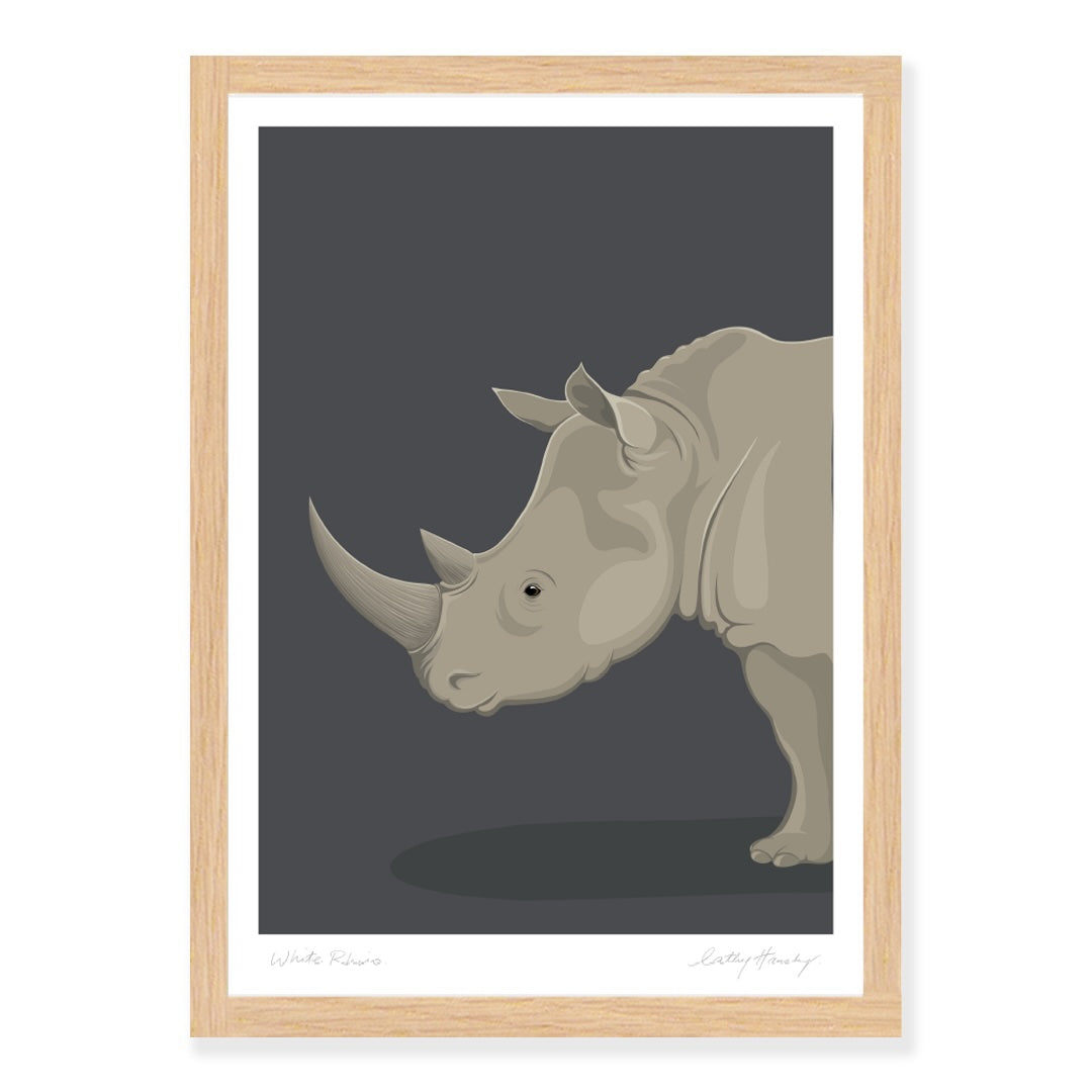 Framed art print of the White Rhino by NZ artist Hansby Design
