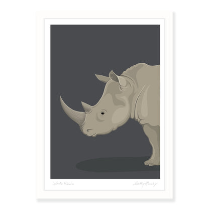 White framed art print of the White Rhino by NZ artist Hansby Design