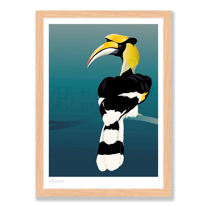 Hornbill art print in natural frame, by NZ artist Hansby Design