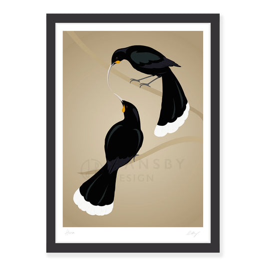 Huia pair art print in black frame, by NZ artist Hansby Design