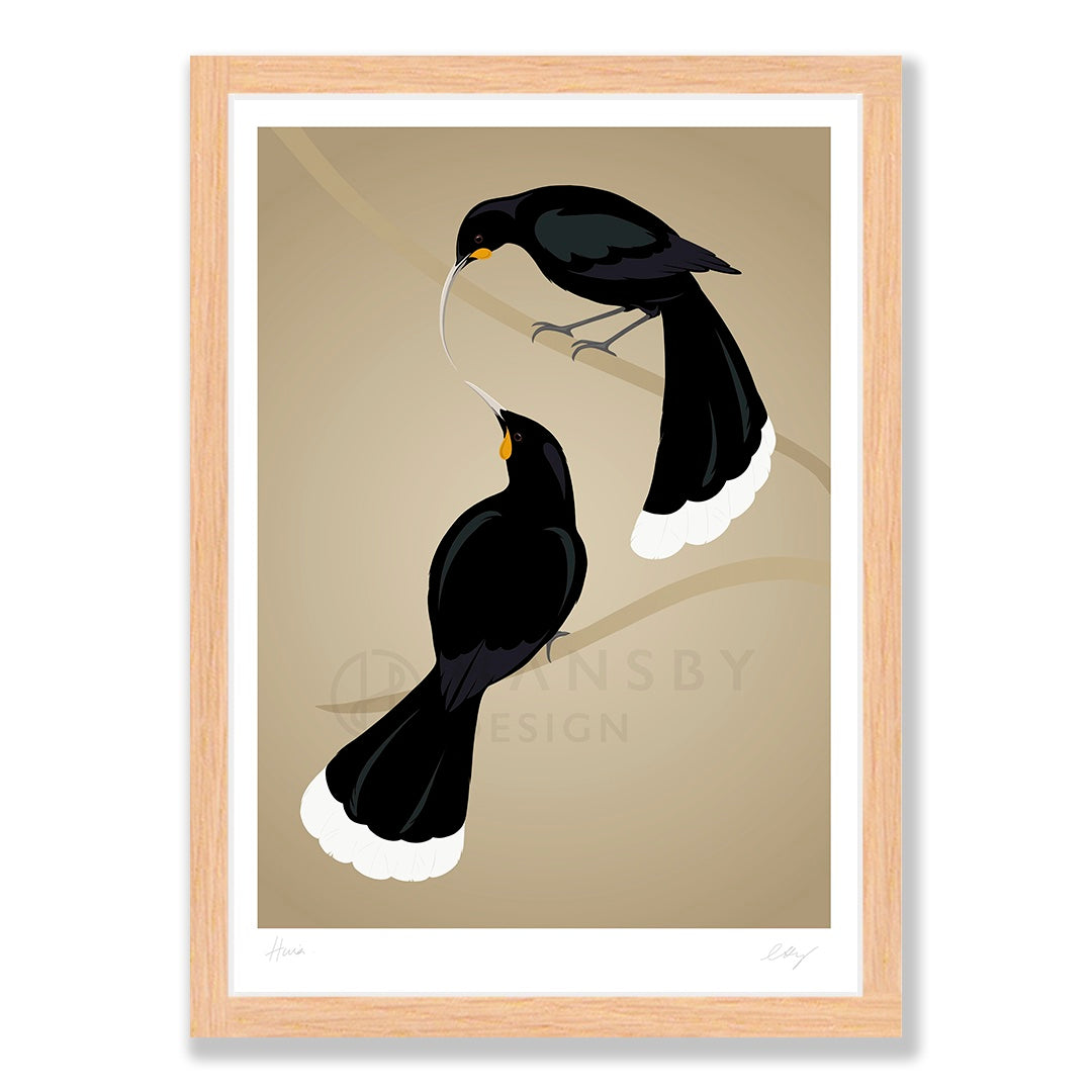 Huia pair art print in natural frame, by NZ artist Hansby Design