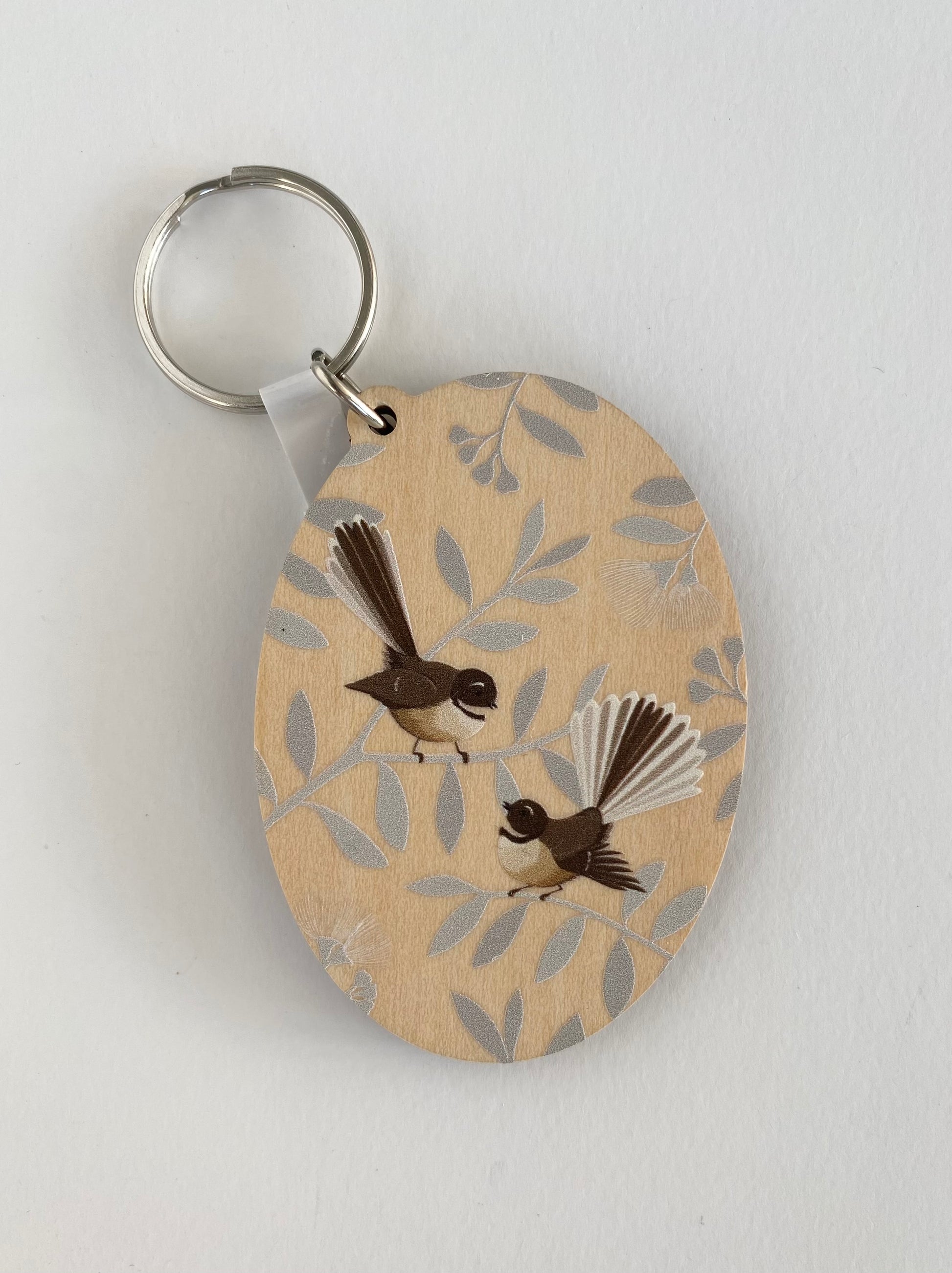 Fantail pair Wood Keytag art print by New Zealand artist Hansby Design