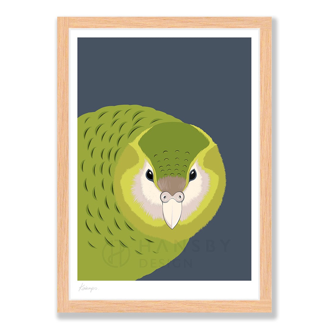 Kākāpō art print in natural frame, by NZ artist Hansby Design