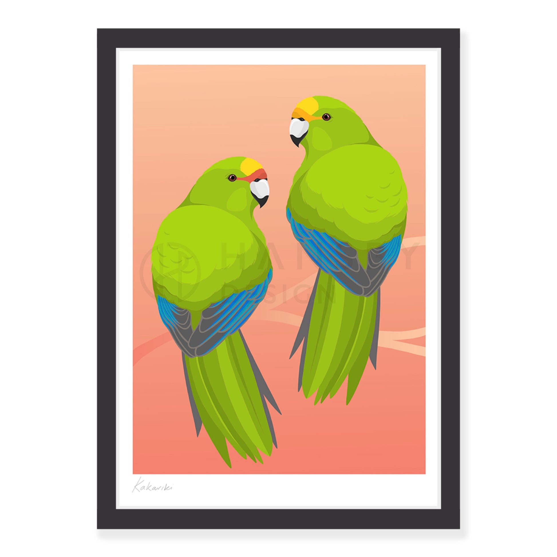 Kakariki art print in black frame, by NZ artist Hansby Design