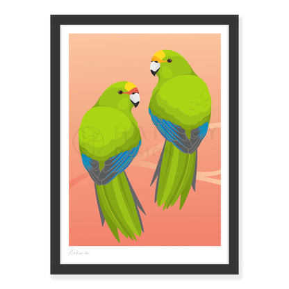 Kakariki art print in black frame, by NZ artist Hansby Design