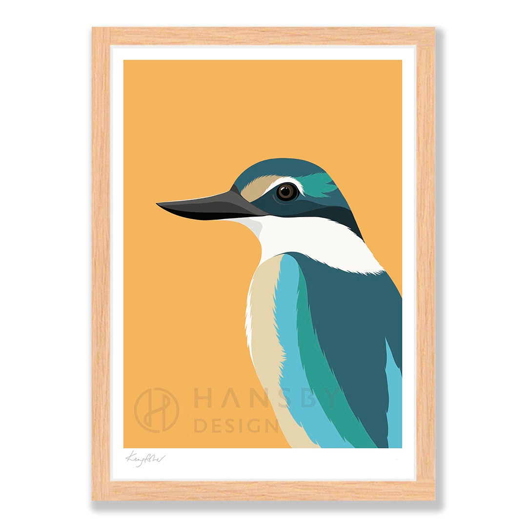 Kingfisher art print in natural frame, by NZ artist Hansby Design