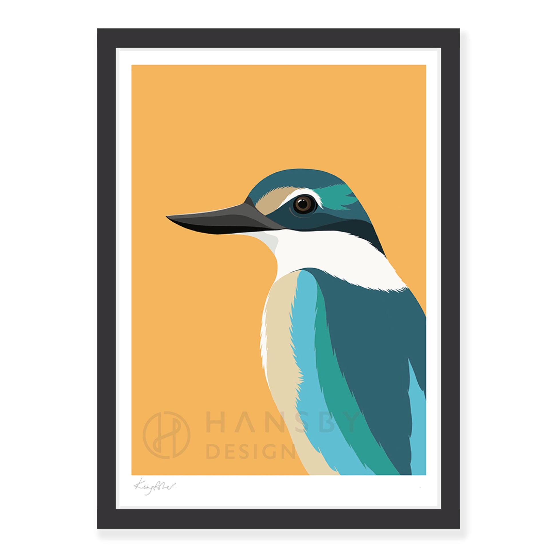 Kingfisher art print in black frame, by NZ artist Hansby Design