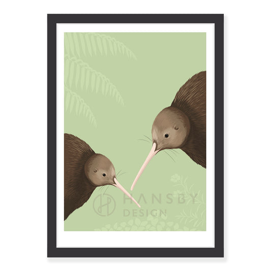 Kiwi pair art print in black frame, by NZ artist Hansby Design