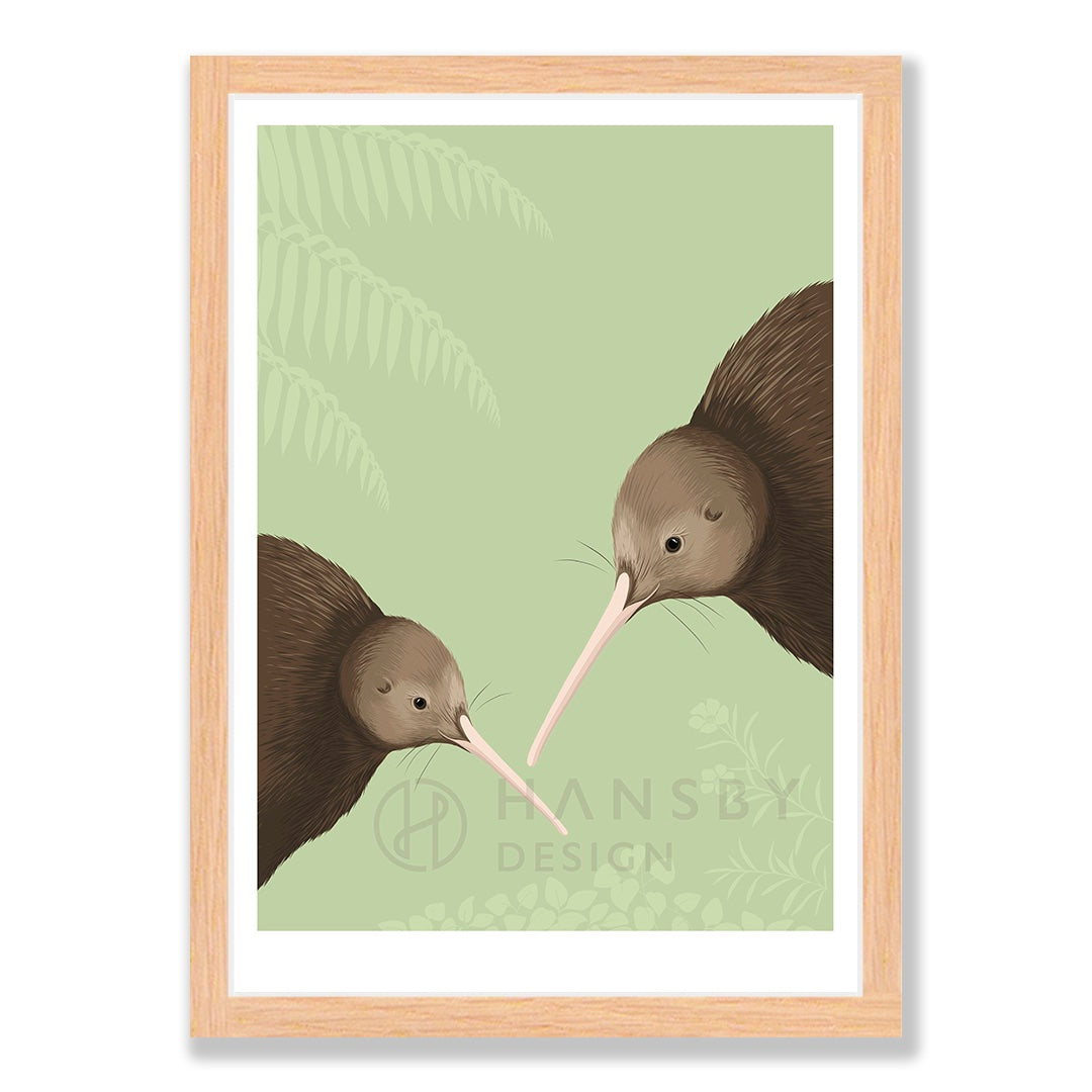 Kiwi pair art print in natural frame, by NZ artist Hansby Design